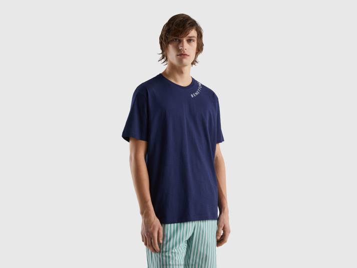 Heren Benetton shirt met print op de ronde hals donkerblauw 4R624716