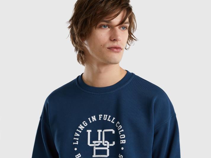 Heren Benetton sweatshirt met ronde hals en logoprint luchtmacht blauw 4R621323