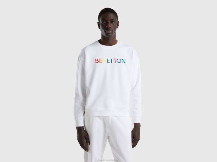 Heren Benetton sweatshirt met ronde hals en logoprint wit 4R621318
