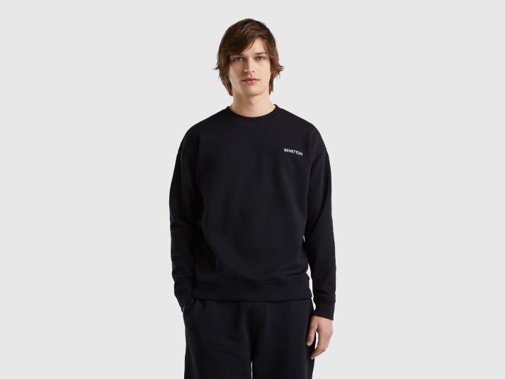 Heren Benetton sweatshirt met ronde hals en logoprint zwart 4R624519