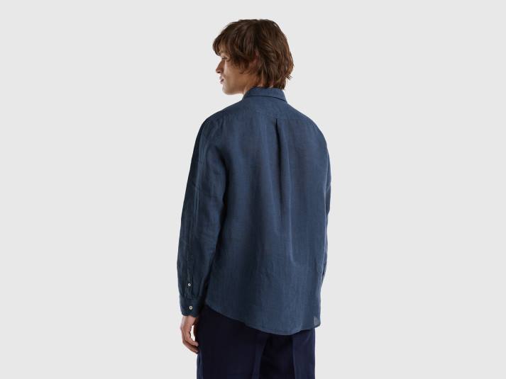 Heren Benetton hemd van zuiver linnen donkerblauw 4R621371