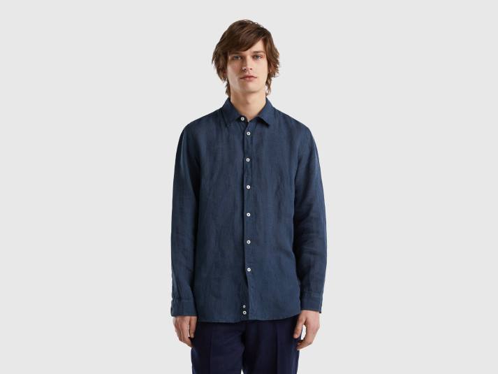 Heren Benetton hemd van zuiver linnen donkerblauw 4R624566