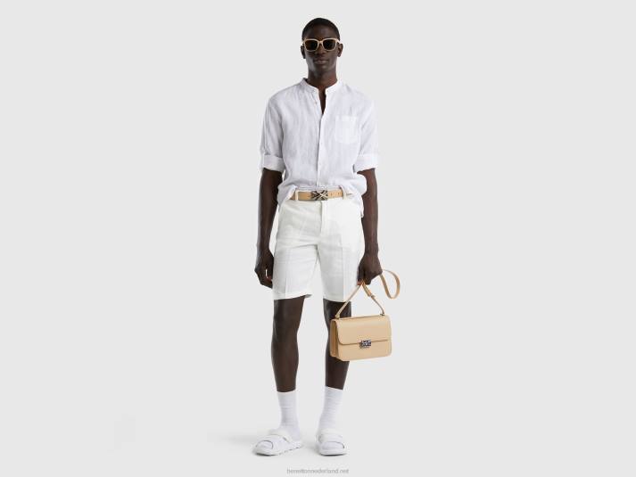 Heren Benetton linnen short met mandarijnkraag wit 4R621364