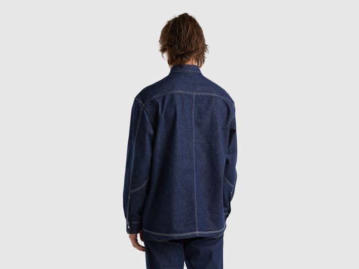 Heren Benetton oversized overhemd in chambray donkerblauw 4R624547