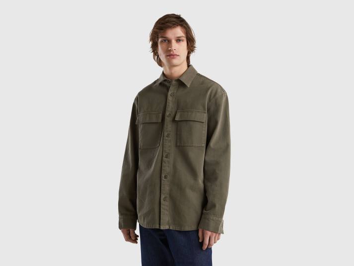 Heren Benetton oversized overhemd met zakken militair groen 4R621352
