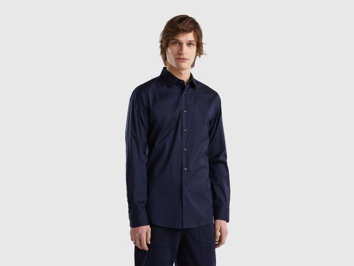 Heren Benetton slimfit overhemd in effen kleur donkerblauw 4R624560