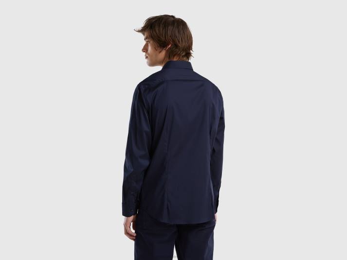 Heren Benetton slimfit overhemd in effen kleur donkerblauw 4R624560