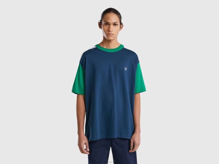 Heren Benetton T-shirt met kleurvlakken van biologisch katoen luchtmacht blauw 4R621265