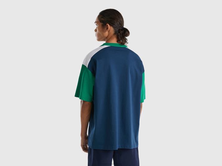 Heren Benetton T-shirt met kleurvlakken van biologisch katoen luchtmacht blauw 4R621265