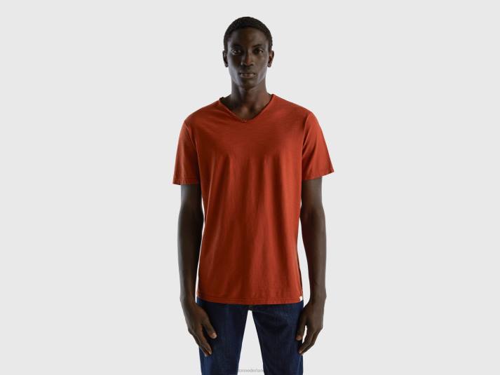 Heren Benetton T-shirt met v-hals van 100% katoen bruin 4R621209