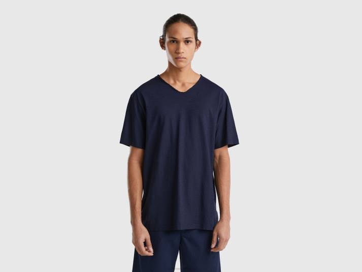 Heren Benetton T-shirt met v-hals van 100% katoen donkerblauw 4R621290