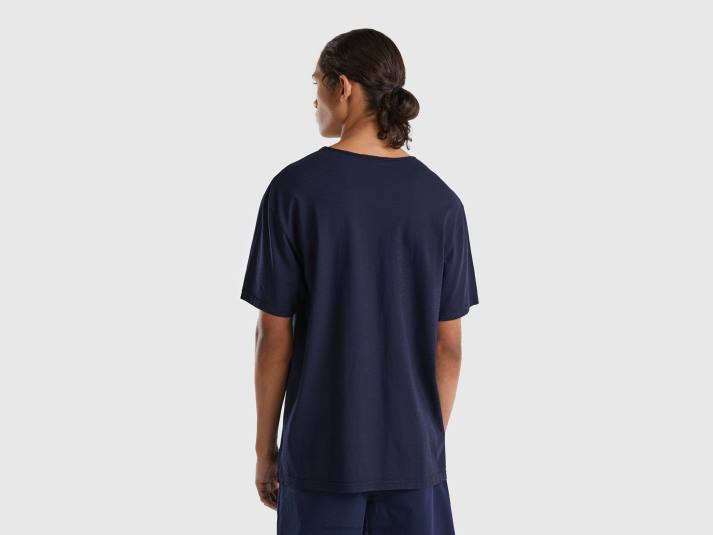 Heren Benetton T-shirt met v-hals van 100% katoen donkerblauw 4R621290