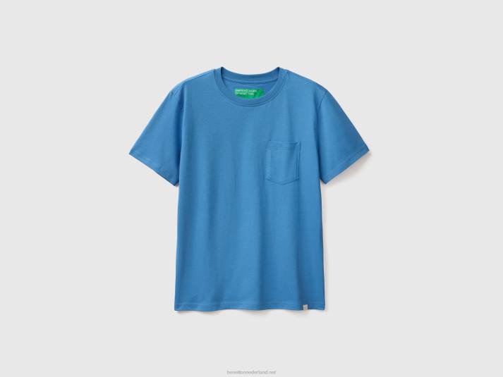 Heren Benetton T-shirt van 100% katoen met zak lichtblauw 4R624465