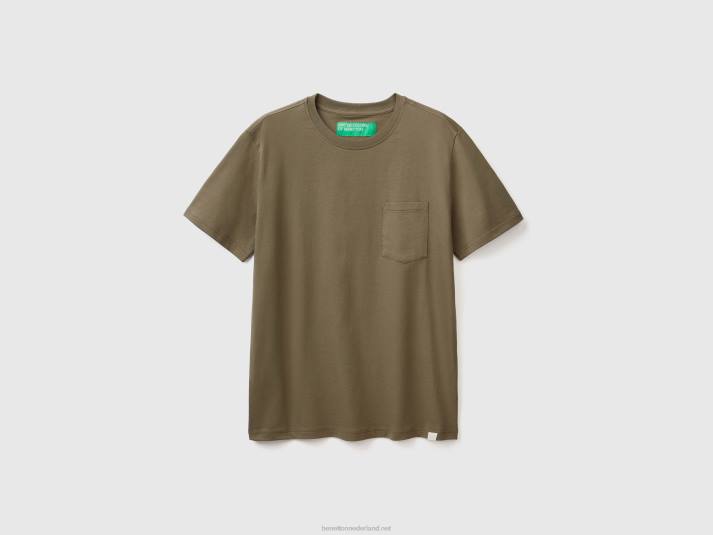 Heren Benetton T-shirt van 100% katoen met zak militair groen 4R624487