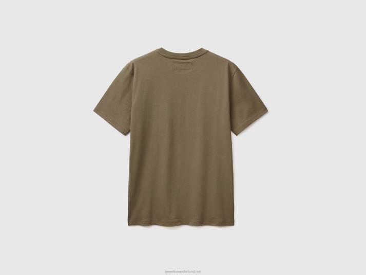 Heren Benetton T-shirt van 100% katoen met zak militair groen 4R624487
