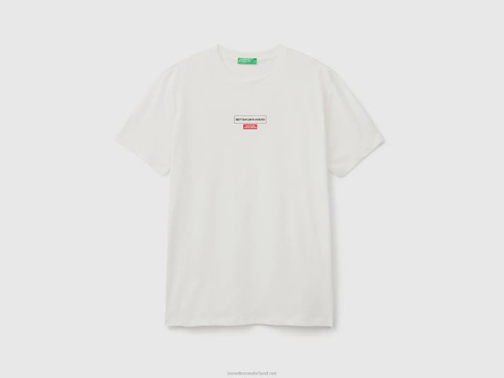 Heren Benetton t-shirt met print van langvezelig katoen romig wit 4R624478