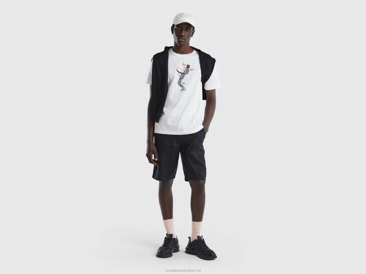 Heren Benetton t-shirt van zuiver katoen met print romig wit 4R621264