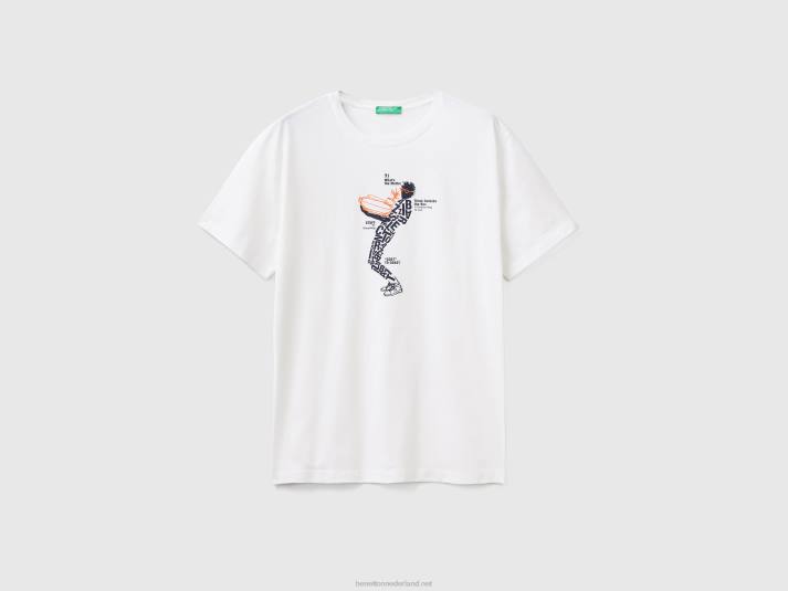 Heren Benetton t-shirt van zuiver katoen met print romig wit 4R621264