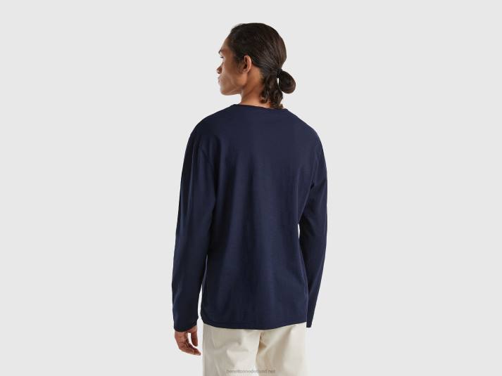 Heren Benetton T-shirt met lange mouwen van 100% katoen donkerblauw 4R621306
