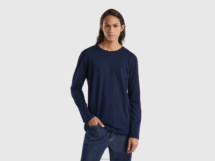 Heren Benetton T-shirt van puur katoen met lange mouwen donkerblauw 4R621297
