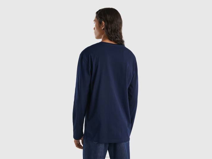 Heren Benetton T-shirt van puur katoen met lange mouwen donkerblauw 4R621297