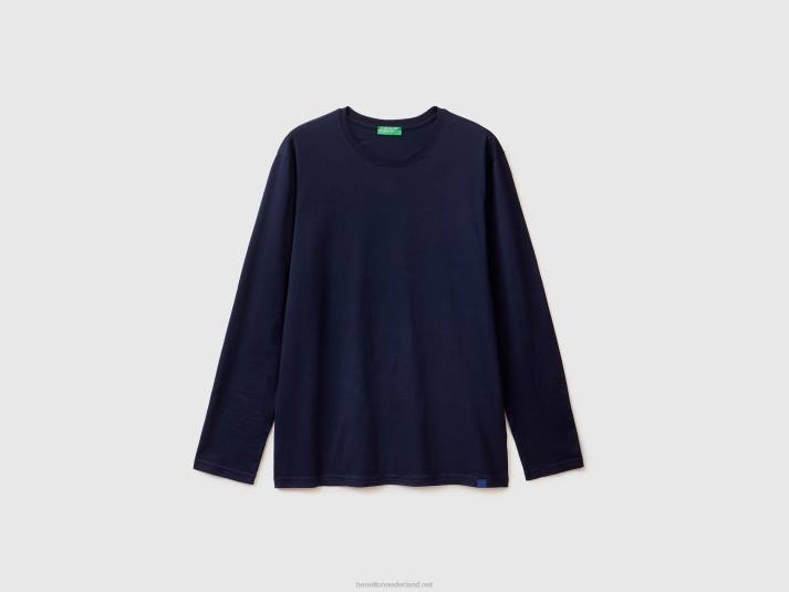 Heren Benetton T-shirt van puur katoen met lange mouwen donkerblauw 4R621297