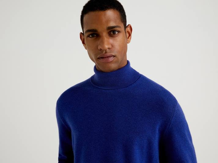 Heren Benetton blauwe coltrui van zuivere merinowol blauw 4R624415
