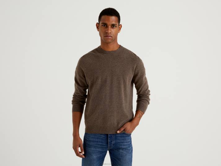 Heren Benetton bruine trui met ronde hals van zuivere merinowol bruin 4R621179