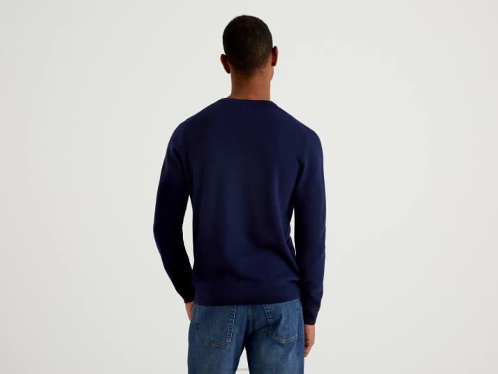 Heren Benetton donkerblauwe trui met ronde hals van zuivere merinowol donkerblauw 4R626041