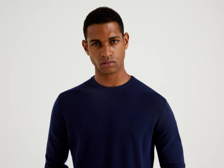 Heren Benetton donkerblauwe trui met ronde hals van zuivere merinowol donkerblauw 4R626041