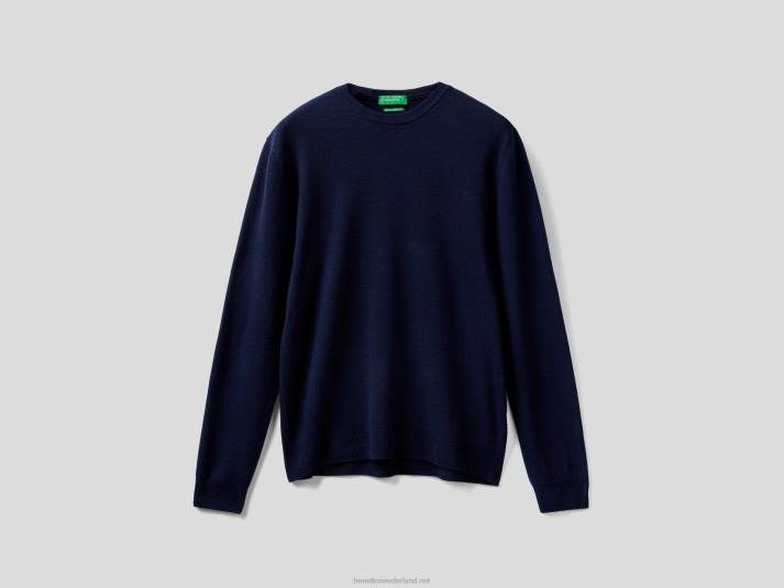 Heren Benetton donkerblauwe trui met ronde hals van zuivere merinowol donkerblauw 4R626041