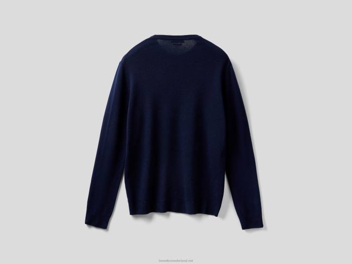 Heren Benetton donkerblauwe trui met ronde hals van zuivere merinowol donkerblauw 4R626041