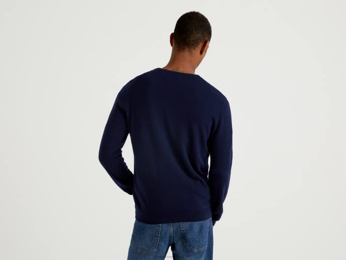 Heren Benetton donkerblauwe trui met v-hals van zuivere merinowol donkerblauw 4R621171