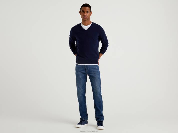 Heren Benetton donkerblauwe trui met v-hals van zuivere merinowol donkerblauw 4R624409