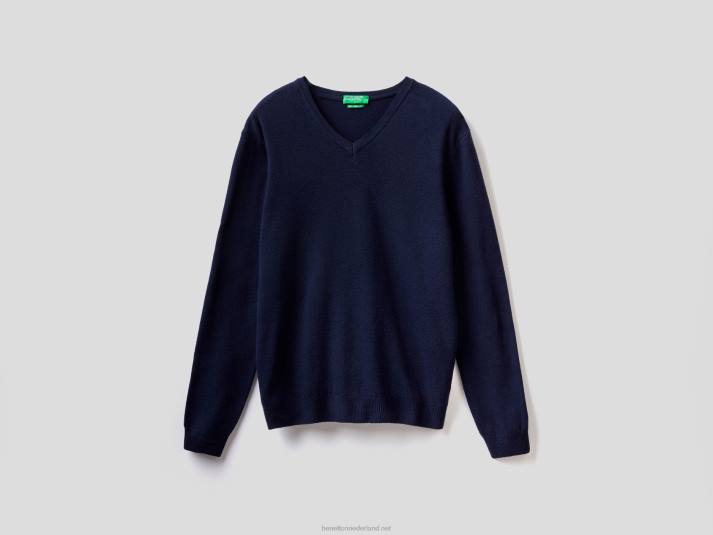 Heren Benetton donkerblauwe trui met v-hals van zuivere merinowol donkerblauw 4R624409