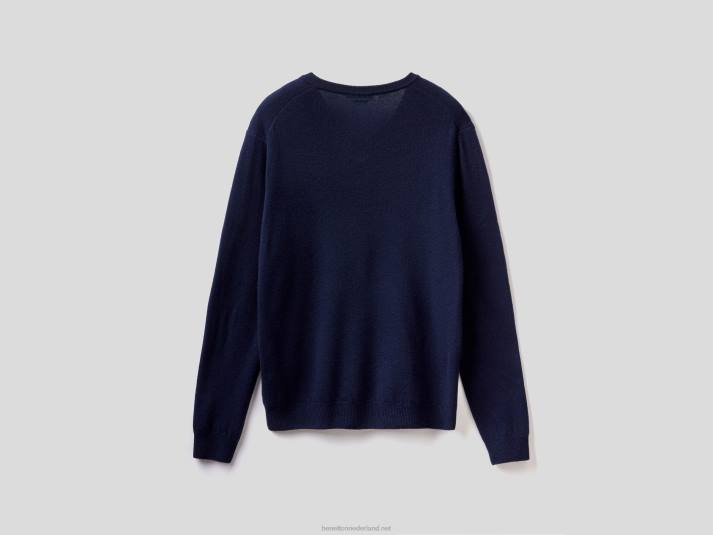Heren Benetton donkerblauwe trui met v-hals van zuivere merinowol donkerblauw 4R624409