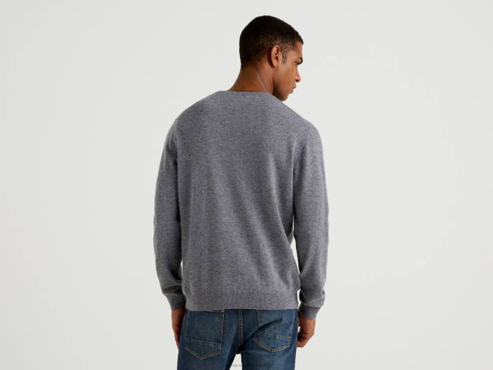 Heren Benetton donkergrijze trui met ronde hals van zuivere merinowol donkergrijs 4R621156