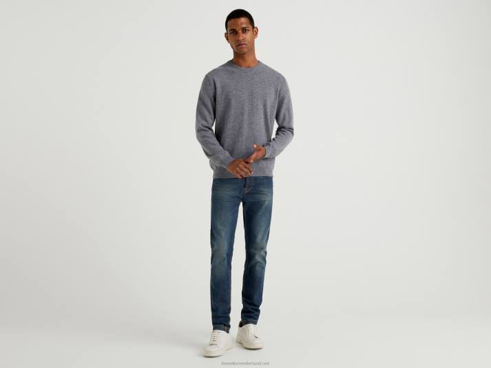 Heren Benetton donkergrijze trui met ronde hals van zuivere merinowol donkergrijs 4R626040