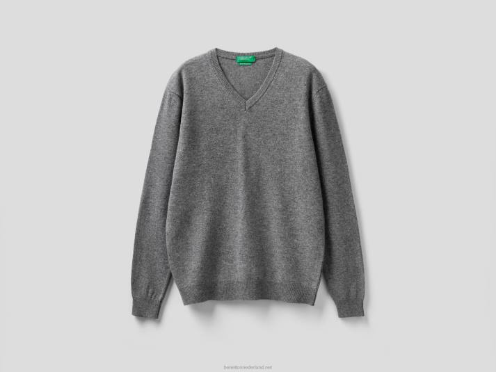 Heren Benetton donkergrijze trui met v-hals van zuivere merinowol donkergrijs 4R626044