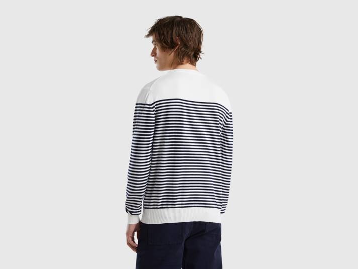 Heren Benetton gestreepte trui van 100% katoen wit 4R626073