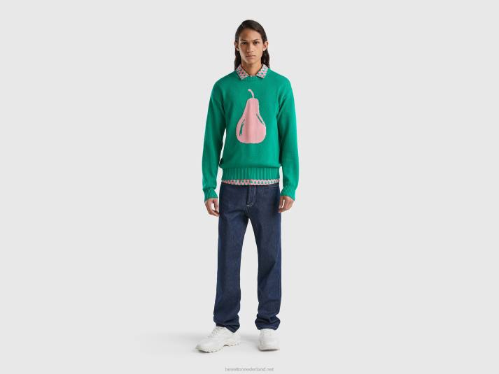 Heren Benetton groene trui met peren inleg groente 4R621128