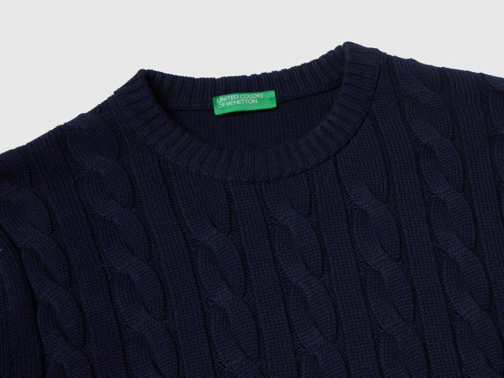 Heren Benetton kabel gebreide trui donkerblauw 4R621111