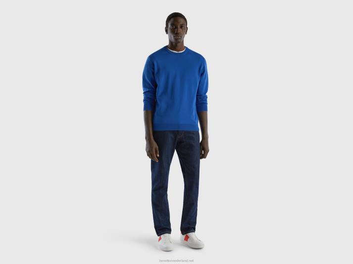 Heren Benetton trui met ronde hals van 100% katoen helderblauw 4R621115
