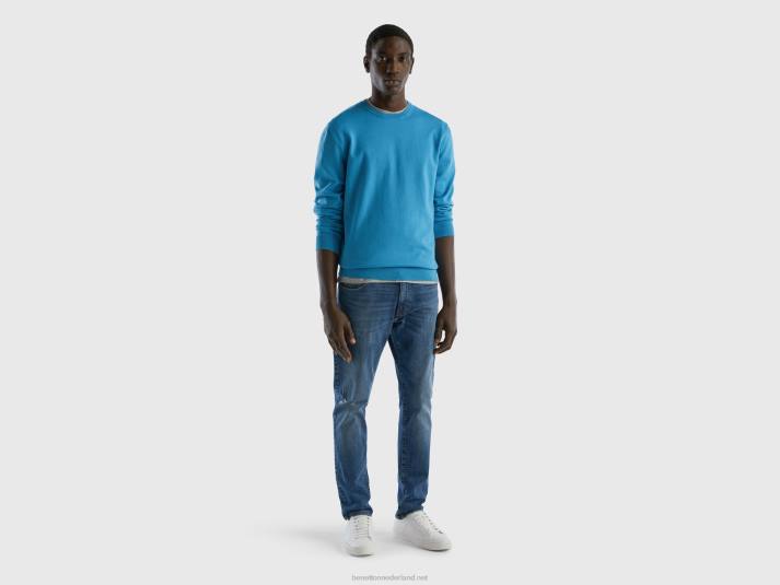 Heren Benetton trui met ronde hals van 100% katoen turkoois 4R624369