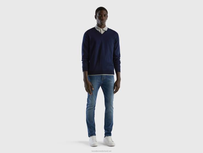 Heren Benetton trui met v-hals van zuiver katoen donkerblauw 4R621164
