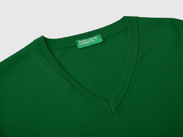 Heren Benetton trui met v-hals van zuiver katoen donkergroen 4R621120