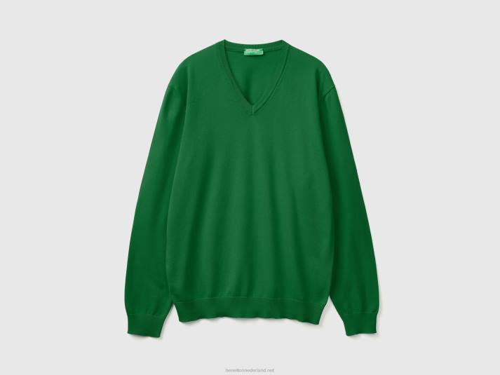 Heren Benetton trui met v-hals van zuiver katoen donkergroen 4R624364