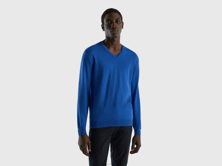 Heren Benetton trui met v-hals van zuiver katoen helderblauw 4R621110