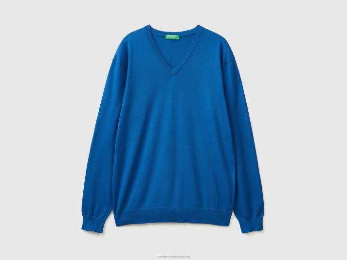 Heren Benetton trui met v-hals van zuiver katoen helderblauw 4R621110