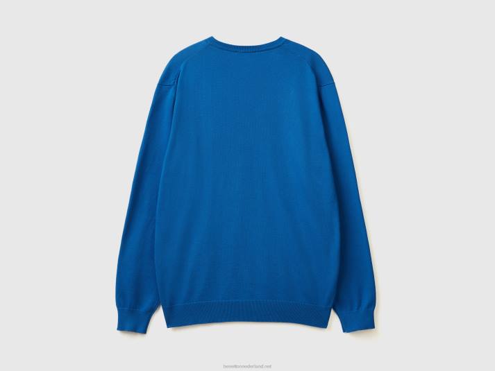 Heren Benetton trui met v-hals van zuiver katoen helderblauw 4R621110